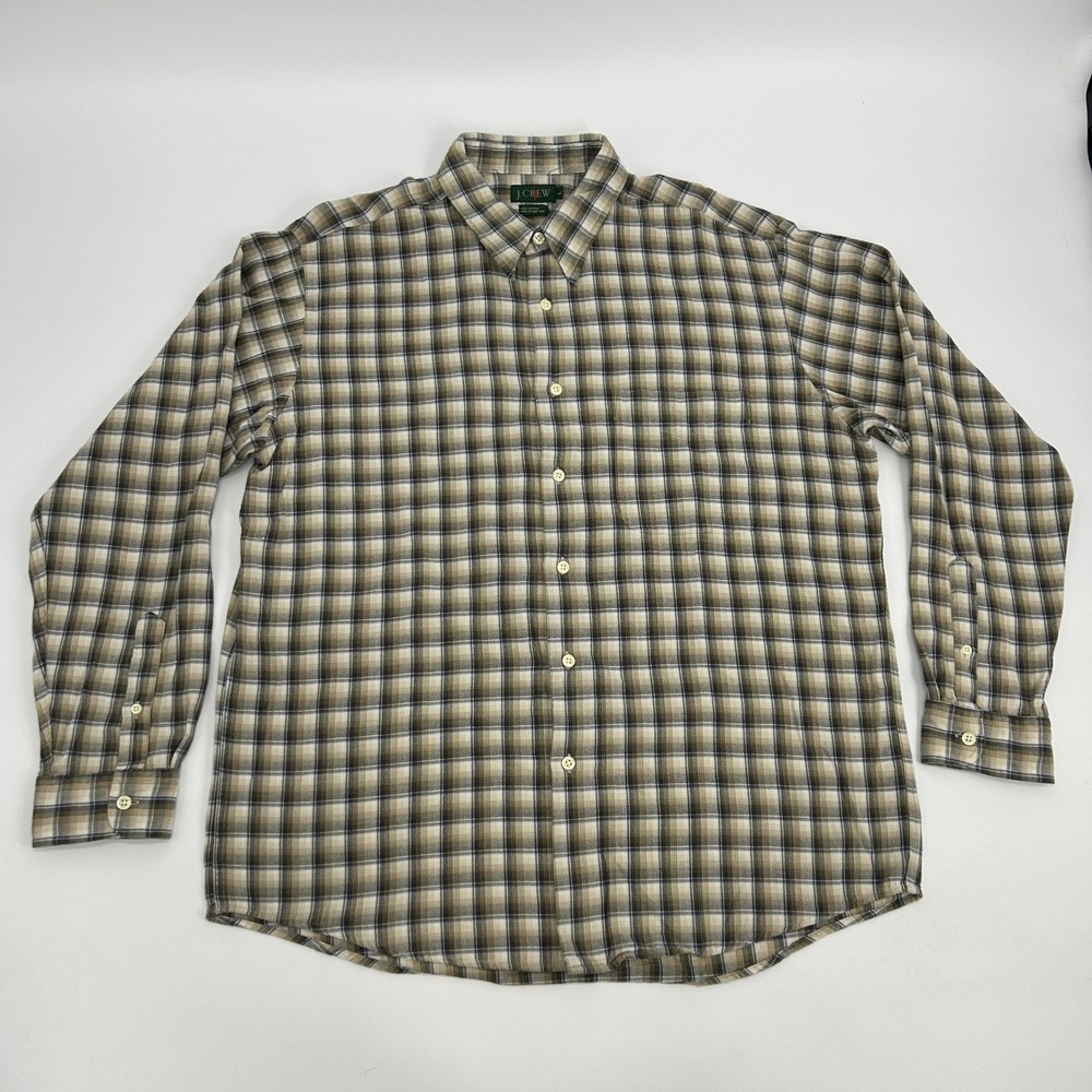 J. Crew Oarsman Shirt Men's Large Beige White Plaid Long Sleeve Button‎ Up